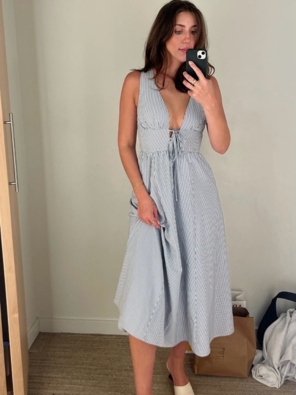Reformation Alvin Tie Front Blue Stripe Midi Dress size 0
